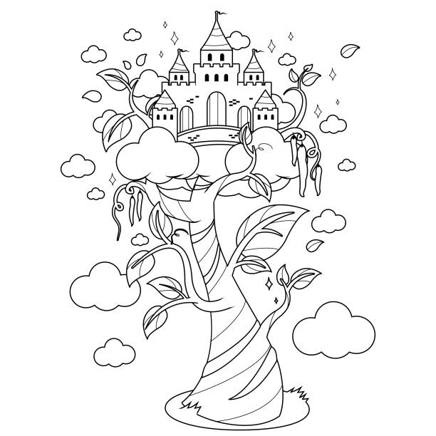 illustrazioni stock, clip art, cartoni animati e icone di tendenza di fagiolo magico e castello. pagina del libro da colorare in bianco e nero - castle fairy tale illustration and painting fantasy