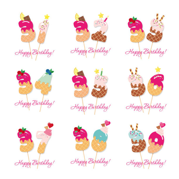 Birthday card set. Festive sweet numbers from 31 to 39. Coctail straws. Funny decorative characters. Vector Birthday card set. Festive sweet numbers from 31 to 39. Coctail straws. Funny decorative characters. Vector illustration number 37 illustrations stock illustrations