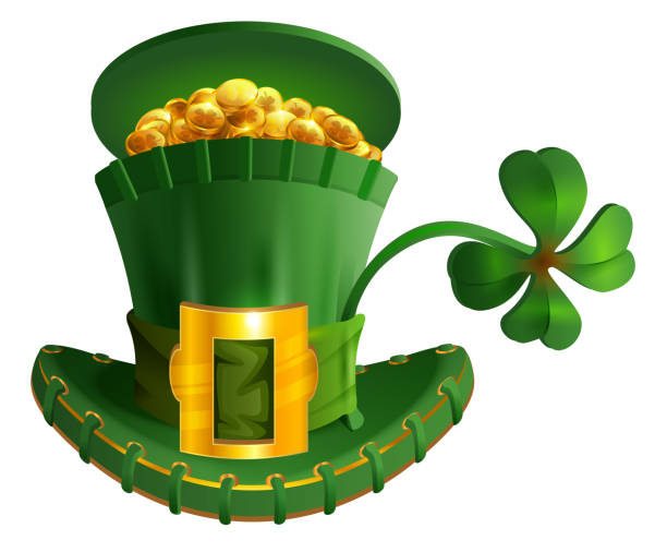 ilustrações, clipart, desenhos animados e ícones de chapéu verde cheio de ouro moeda e sorte trevo. acessório de símbolo de st patricks day - treasure luck treasure chest wealth