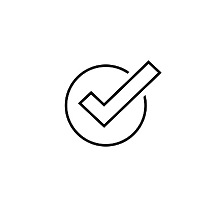 Tick icon vector symbol, line art outline checkmark isolated on white background, checked icon or correct choice sign, check mark or checkbox pictogram
