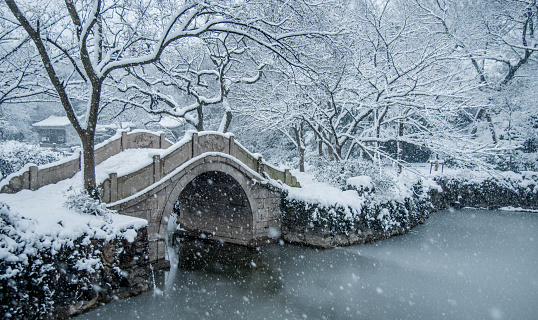 Stone arch bridge in the snowy days in Taihu Park, China