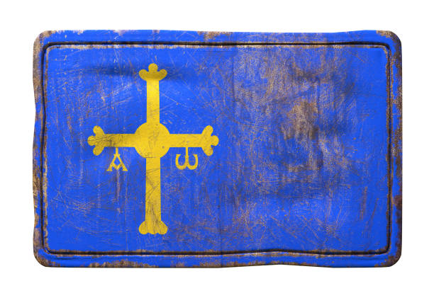 3d rendering of an Asturias flag over a rusty metallic plate. Isolated on white background.