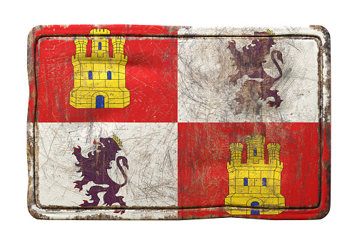 3d rendering of a Castilla y Leon flag over a rusty metallic plate. Isolated on white background.