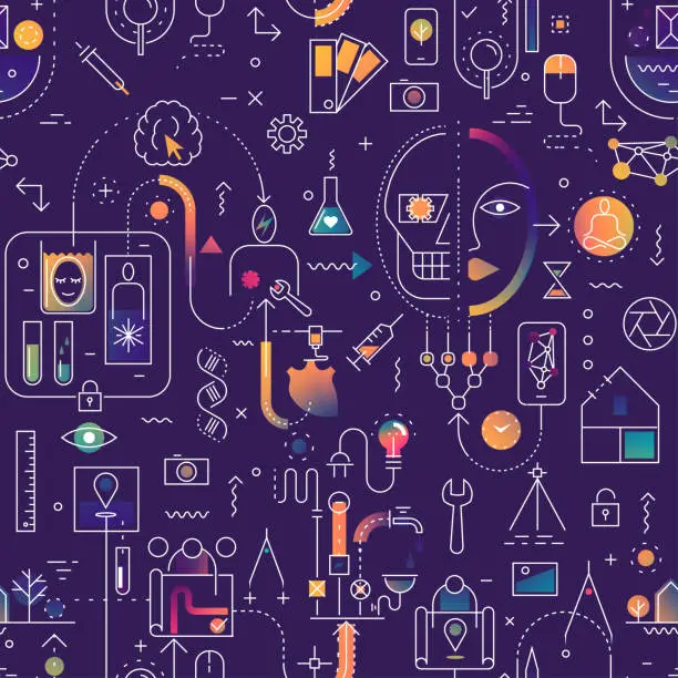 Vector illustration of Seamless line art pattern on the theme of technology, industry, science.