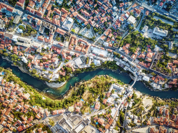 Mostar Drone Aerial, Bosnia and Herzegovina Mostar Drone Aerial, Bosnia and Herzegovina taken in 2015 mostar stock pictures, royalty-free photos & images
