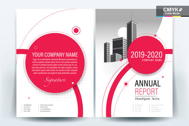 Brochure Cover Layout with Red Circle on White Background Accents A modern business brochure cover layout with red circle on white background design modern magazine layout stock illustrations