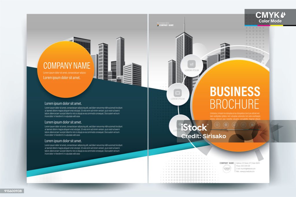 Brochure Flyer Template Layout Design de fond. brochure, dépliant, présentation du rapport annuel d’entreprise avec teal, bleu turquoise et orange géométrique sur un format a4 modèle de fond blanc - illustration vectorielle. - clipart vectoriel de Plan libre de droits