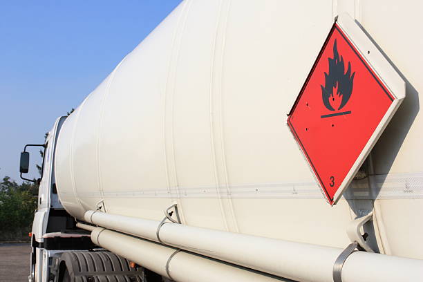 Big white tanker truck with red warning sign stock photo