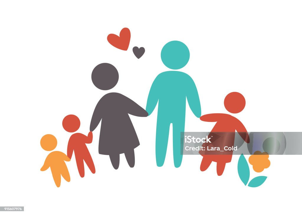 행복 한 가족 아이콘 간단한 그림에 여러 가지 빛깔된입니다 세 어린이 아빠와 엄마가 함께 서 있다 벡터 로고 타입으로 사용할 수  있습니다 가족에 대한 스톡 벡터 아트 및 기타 이미지 - Istock