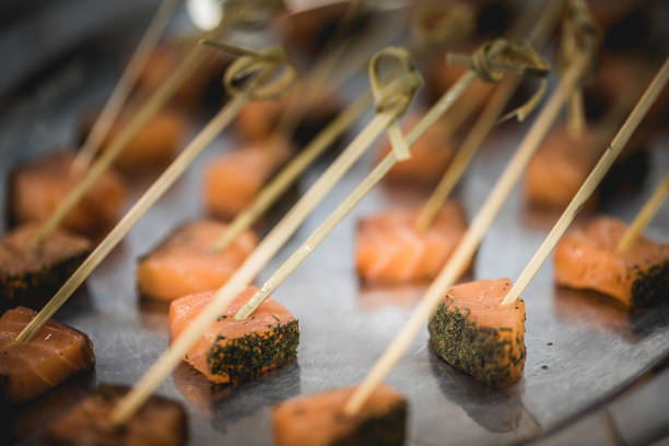 Salmon Gravlax Close-up canape on metallic tray.