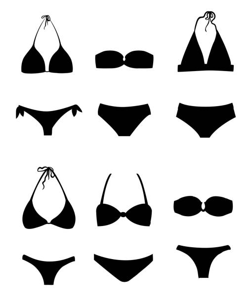 pływanie czarne garnitury i bikini ikony kolekcji różnych płaskich ikon ustawić sylwetkę płaski styl ilustracji wektorowej izolowane na białym tle strony internetowej i projektowania aplikacji mobilnych - bikini stock illustrations