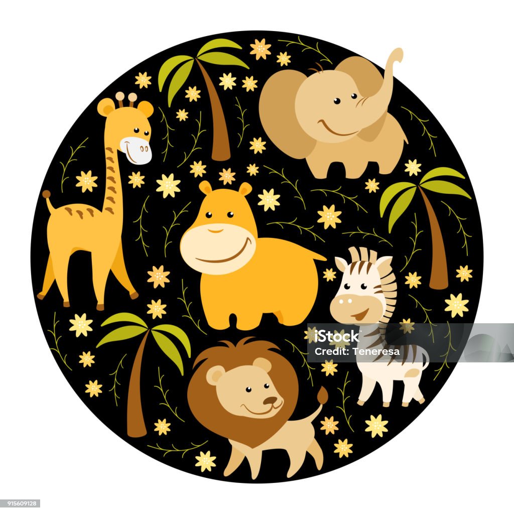 Cute Cartoon African Animals Round Illustration Stock Illustration -  Download Image Now - Animal, Animal Wildlife, Cartoon - iStock