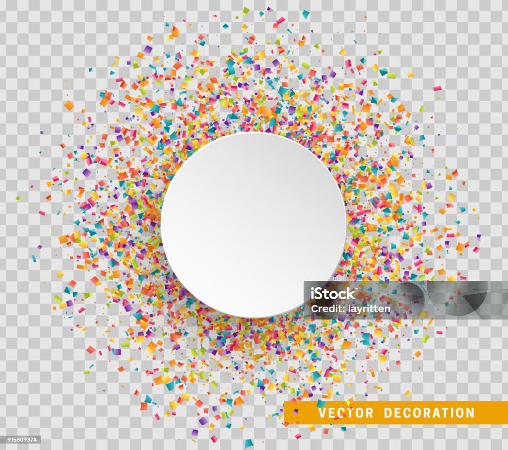 Fondo de celebración colorida con confeti. Burbuja de papel blanco para texto - arte vectorial de Confeti libre de derechos