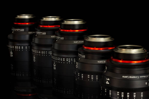 istock Professional Cinema Lens - camera lenses on the mirroring black background. 915613282