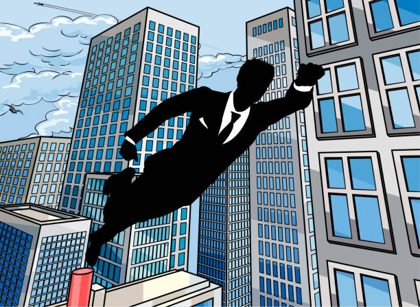 superhelden-geschäftsmann  - superhero comic book cityscape flying stock-grafiken, -clipart, -cartoons und -symbole