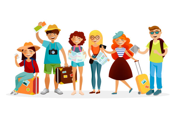 Group of tourists cartoon characters vector flat illustration. Young funny people with suitcases are traveling together. Group of tourists cartoon characters vector flat illustration. Young funny people with suitcases are traveling together clip art of a teen webcam stock illustrations