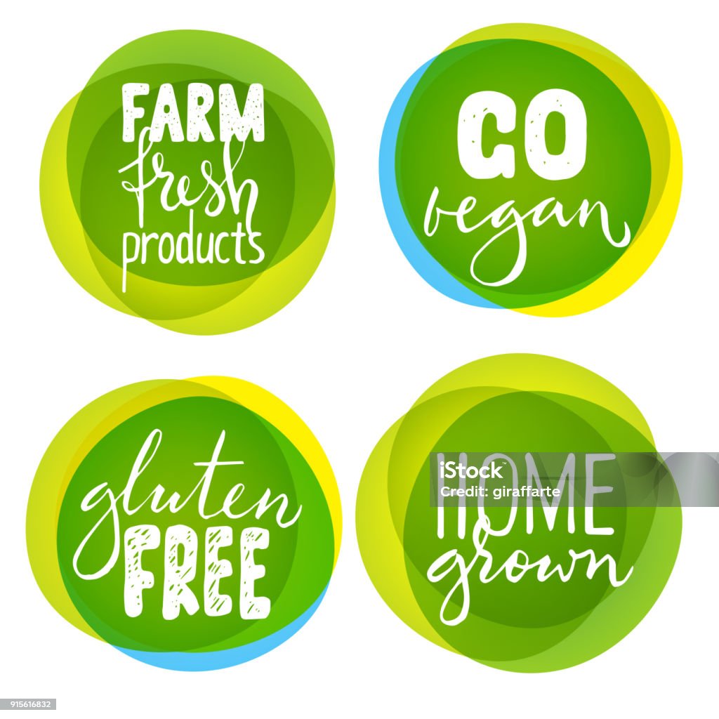 Vektor-Set von vier gesunde Lebensmittel-Etiketten mit Schriftzug - Lizenzfrei Logo Vektorgrafik