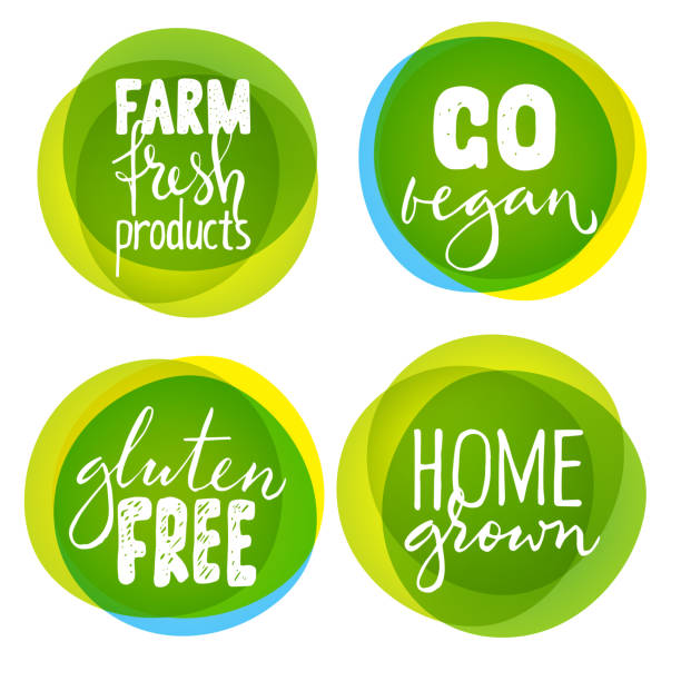 ilustrações de stock, clip art, desenhos animados e ícones de vector set of four healthy food labels with lettering - organic vegetable farm freshness