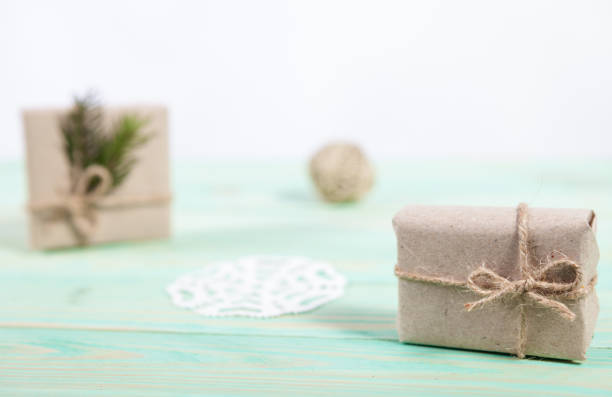 istock Gift boxes wrapped kraft paper tied 915617746