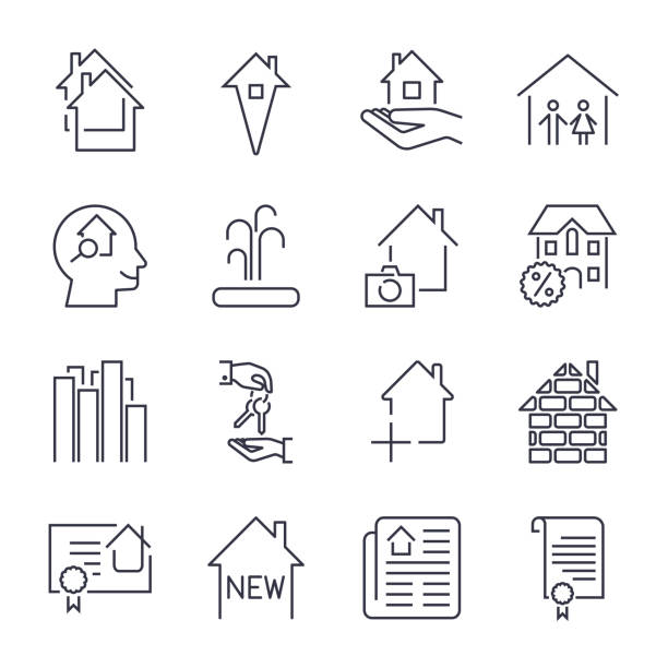 zestaw ikon internetowych outline - nieruchomości. ikony ustawione z edytowalnym obrysem - real estate credit card sign map stock illustrations