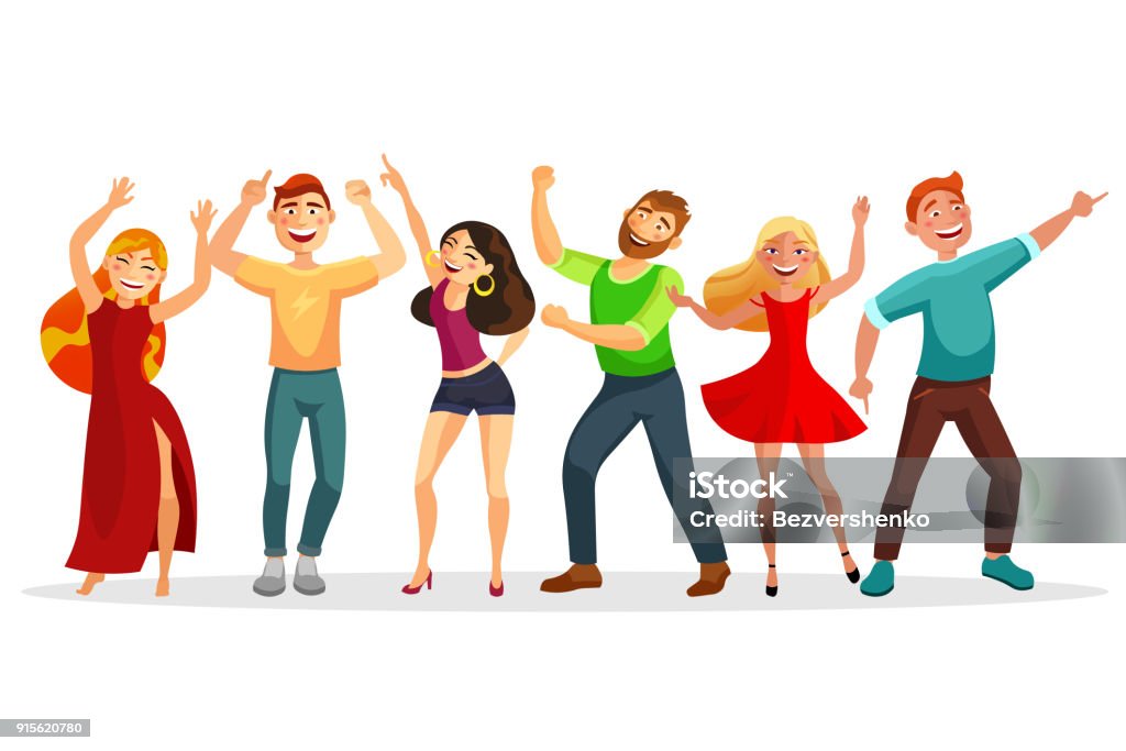 Happy people dancing in various poses vector flat illustration. Men and women dancing together isolated on white background. Group of people at the party. Happy people dancing in various poses vector flat illustration. Men and women dancing together isolated on white background. Group of people at the party Teenager stock vector
