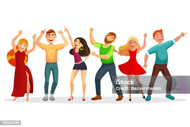 Happy People Dancing In Various Poses Vector Flat Illustration Men And Women Dancing Together Isolated On White Background Group Of People At The Party Stock Illustration - Download Image Now