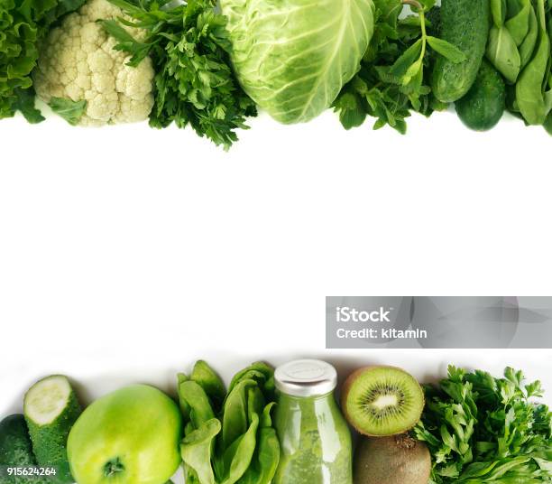 Green Vegetables Green Fruit And Vegetable On White Background Apples Parsley Spinach Cucumber And Kiwi On A White Background Top View Spinach Smoothie And Vegetables At Border Of Image With Copy Space For Text Stock Photo - Download Image Now