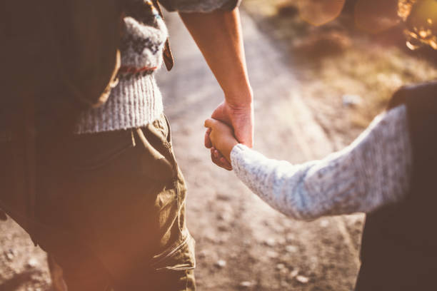istock Father and son holding hands on mountain hiking adventure 915629108