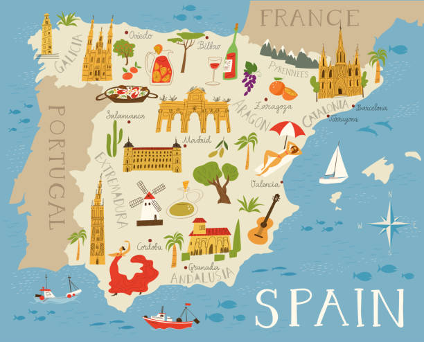 High detailed vector map of Spain Big high detailed vector map of Spain. Food, architecture and symbols of Spanish culture. spain illustrations stock illustrations
