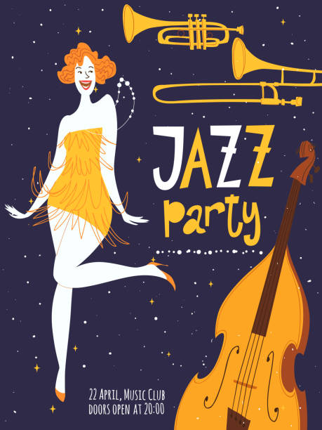 ilustrações de stock, clip art, desenhos animados e ícones de vector jazz party poster with a dancing girl - jazz dance