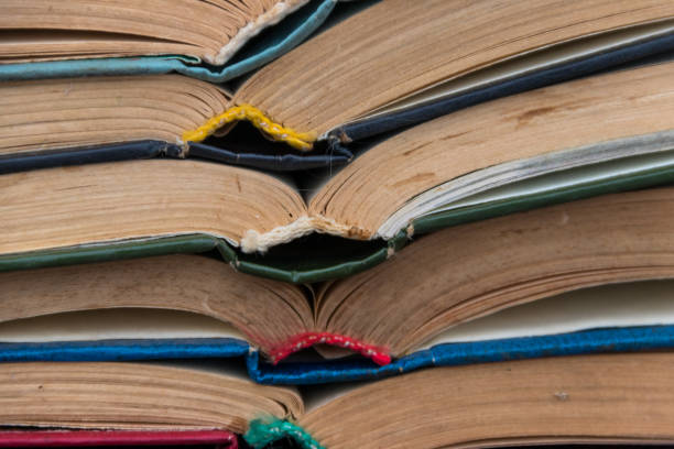 istock Stack of the old open books for background 915630104