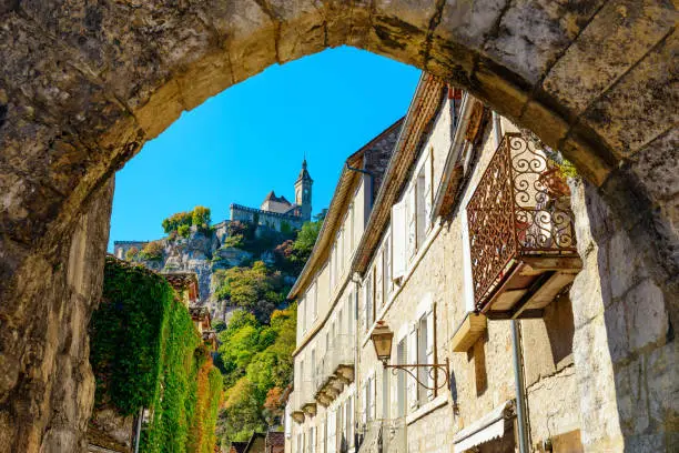 Village and castle Rocamadour on the bank of the valley Dordogne in southern France.