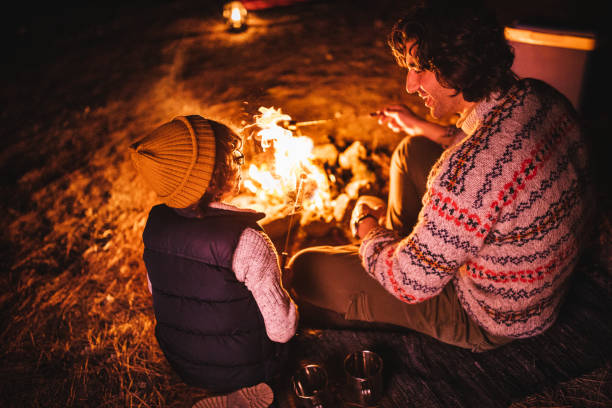istock Young father and son camping and roasting marshmallows over bonfire 915643472