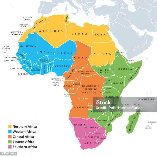 Ilustración de Mapa De Regiones De África Con Países Individuales y más Vectores Libres de Derechos de África - África, Mapa, País - Área geográfica