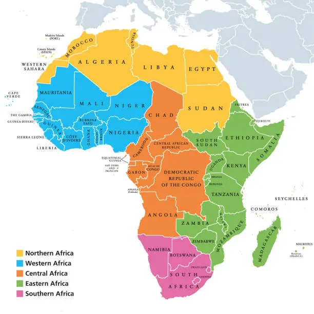 Vector illustration of Africa regions map with single countries