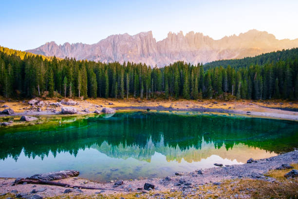 Carezza lake in Dolomites Alps . Italy stock photo