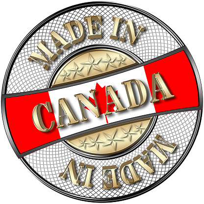 Golden Made in Canada, Canedian Flag, 5 Golden Stars, 3D Illustration, Black Shiny Metal Badge, White Background.
