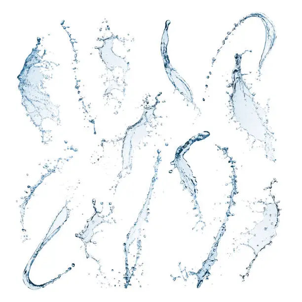 Different shaped water splashes are twisting and curving in different directions. The mid air shapes are isolated on a white background with clipping paths. The water is blue and transparent with droplets of water splashing either side of the main shapes.