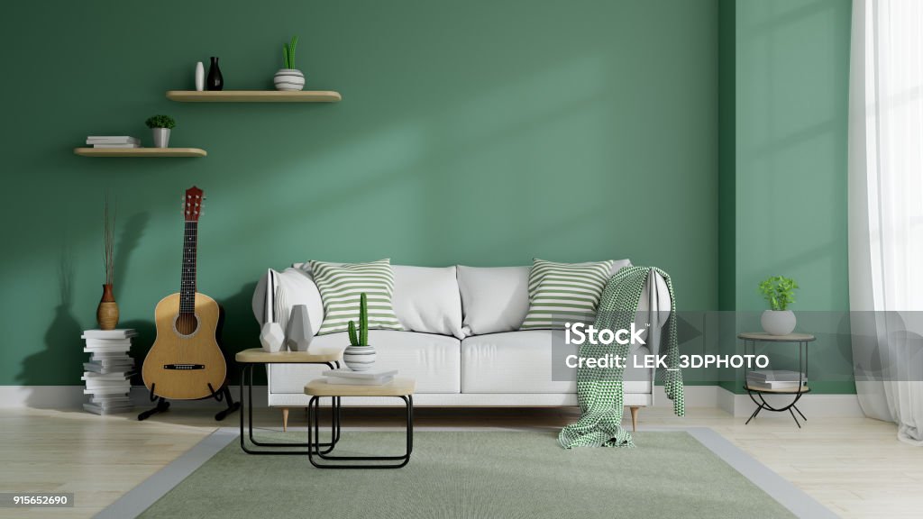 Minamalist、世紀半ばモダンなリビング ルーム、エコ空間コンセプト デザイン、白いソファ、植物を緑の壁と木製の床、3 d のレンダリングのインテリア - 寝室のロイヤリティフリーストックフォト