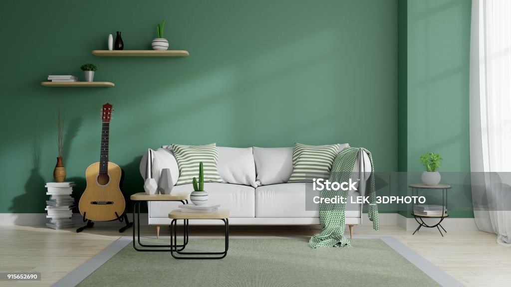 Modern mid century and minamalist interior of living room, eco space concept  design , white sofa and green plant on green wall and wood floor ,3d render Bedroom Stock Photo