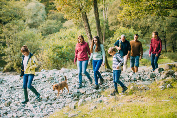 три поколения семьи пешие прогулки через озерный край - walking exercising relaxation exercise group of people стоковые фото и изображения