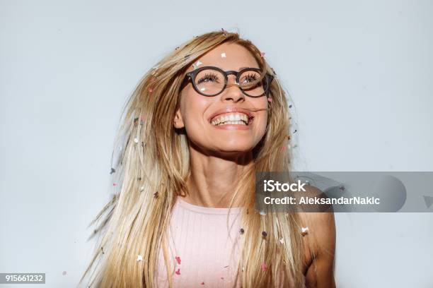 Party With A Confetti Stock Photo - Download Image Now - Eyeglasses, Women, Confetti