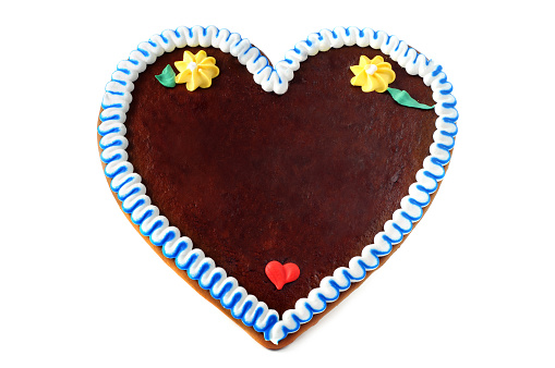 Gingerbread heart cookie for Beer Fest with copy space on white isolated background