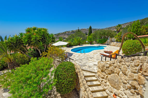 istock Private swimming pool and patio area 915664906