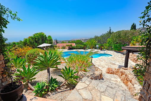 Private swimming pool and patio area outside Cyprus villa