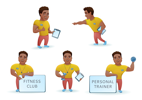 Personal fitness trainer set, african cartoon characters collection, sports man training, advertising gym in colorful outfit with bumbell, vector illustration