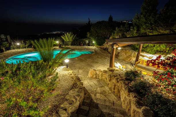 istock Private swimming pool at night 915668930