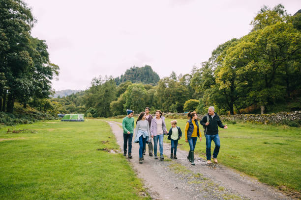 family going for a hike after camping - cumbria hiking keswick english lake district imagens e fotografias de stock