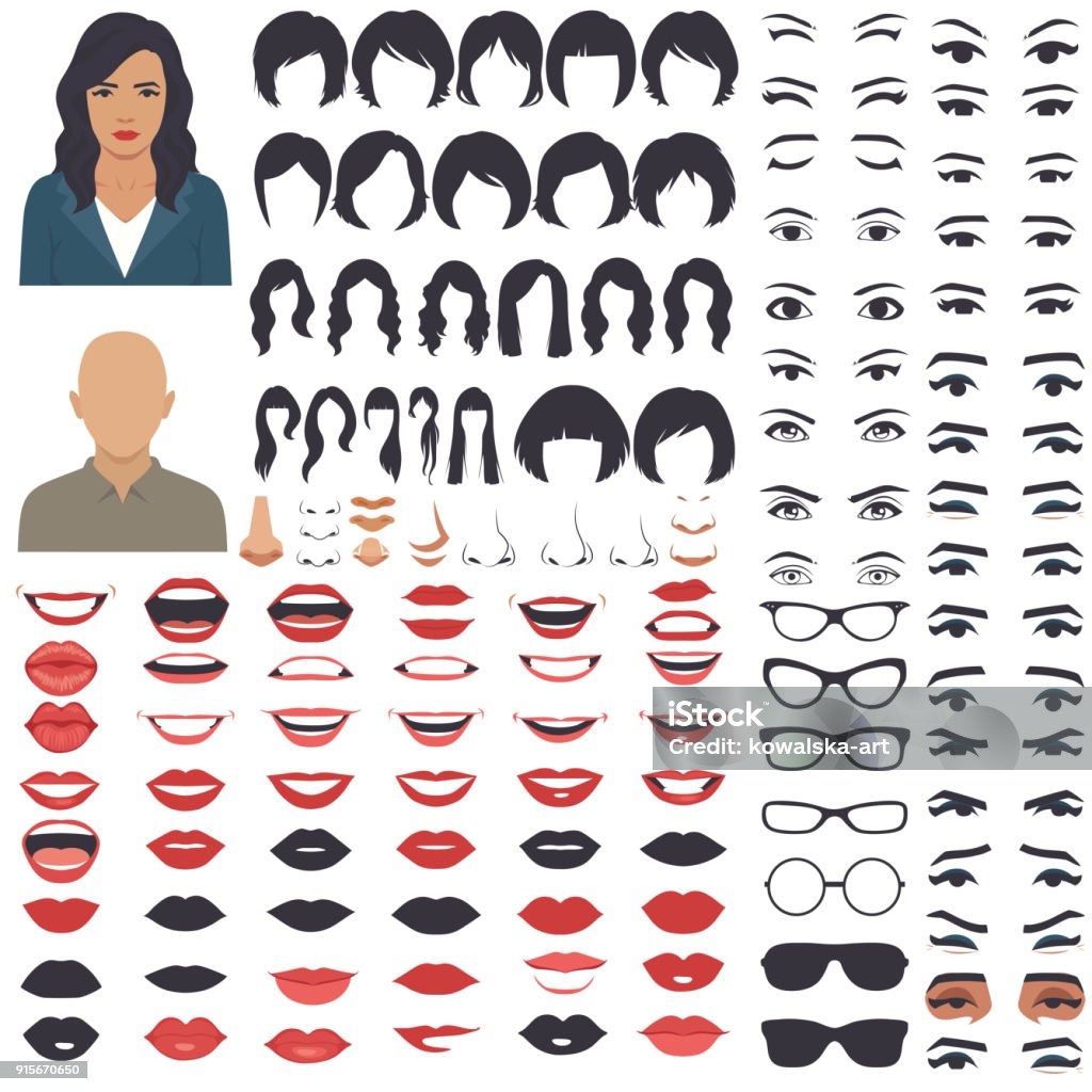 woman face parts, character head, eyes, mouth, lips, hair and eyebrow icon set vector illustration of woman face parts, character head, eyes, mouth, lips, hair and eyebrow icon set Women stock vector