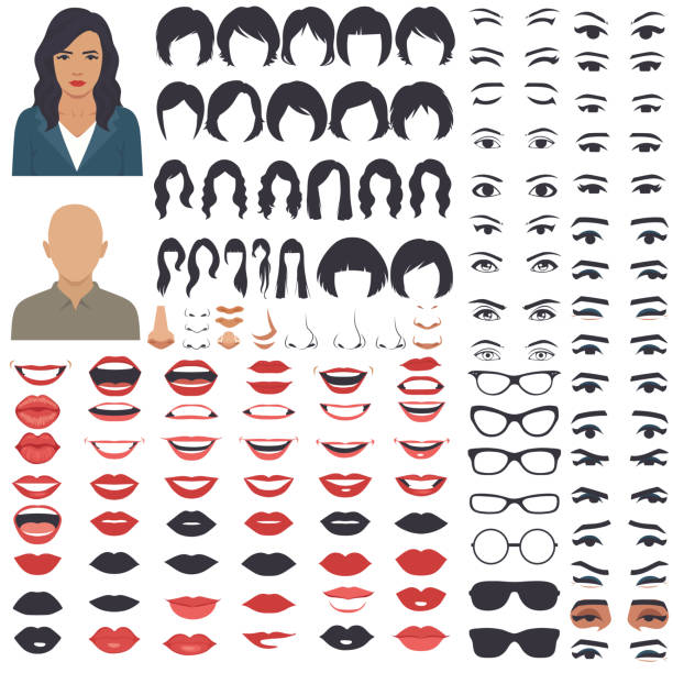 woman face parts, character head, eyes, mouth, lips, hair and eyebrow icon set vector illustration of woman face parts, character head, eyes, mouth, lips, hair and eyebrow icon set cartoon human face eye stock illustrations